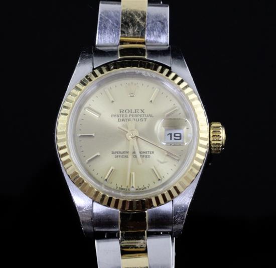 A ladys 2001 steel and gold Rolex Oyster Perpetual Datejust wrist watch, with box and papers.